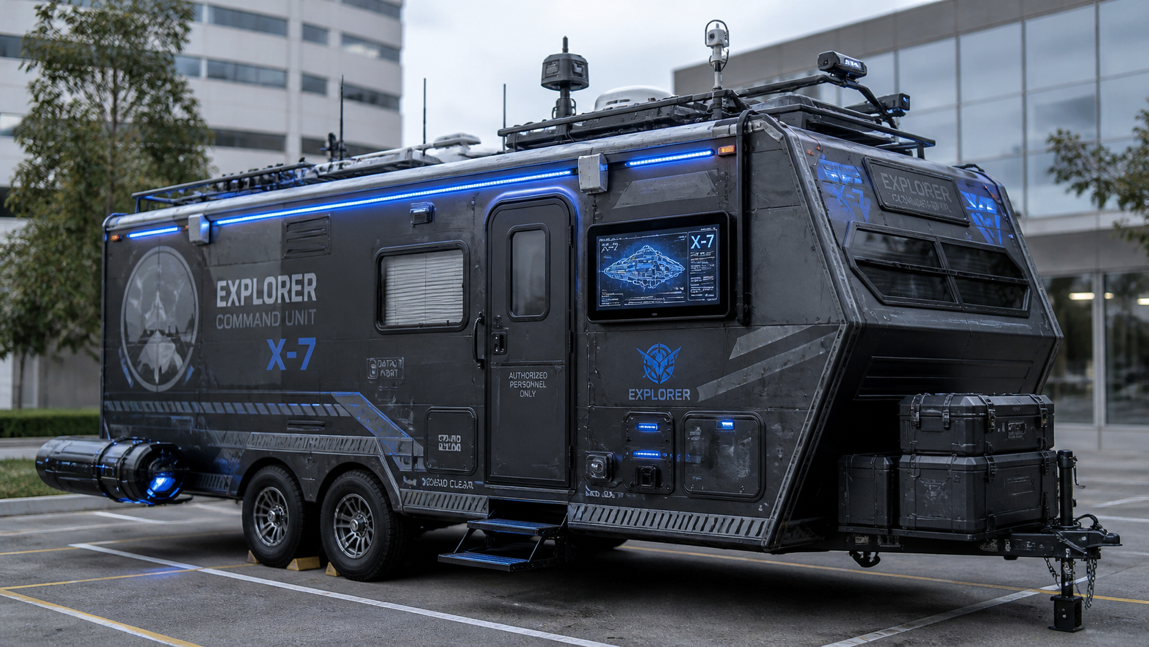 Grey sci-fi mobile command-unit trailer with blue LED lighting parked outside an office building.